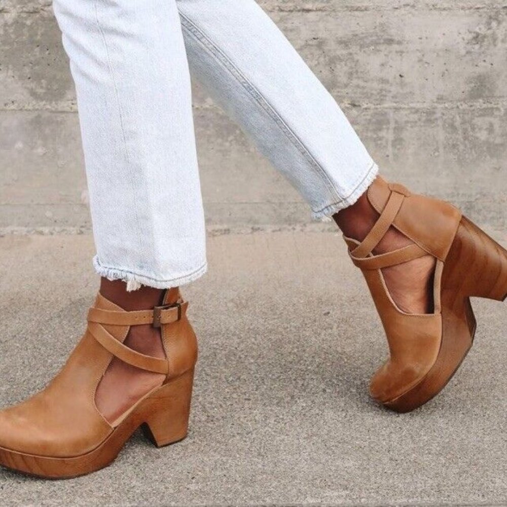Free People Tan Leather Platform Clog Mules